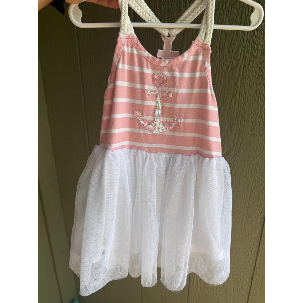 btween Dress Girls 4T Pink White Striped Braided Straps Anchor Tulle‎